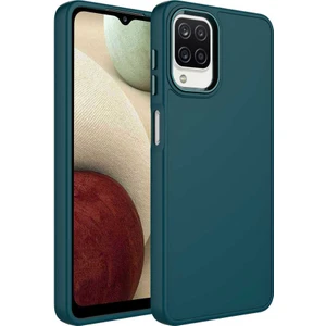 Uzaklarda Arama  Samsung Galaxy A12 Kılıf Metal Çerçeve ve Buton Tasarımlı Silikon Uzrm Luna Kapak-Koyu Yeşil