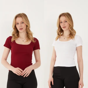 Kadın 2'li Adet Kısa Kollu Fitilli U Yaka Pamuklu Örme Kaşkorse T-Shirt Bluz