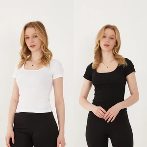 Kadın 2'li Adet Kısa Kollu Fitilli U Yaka Pamuklu Örme Kaşkorse T-Shirt Bluz