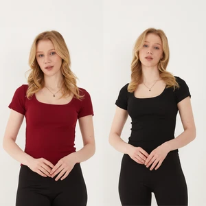Kadın 2'li Adet Kısa Kollu Fitilli U Yaka Pamuklu Örme Kaşkorse T-Shirt Bluz