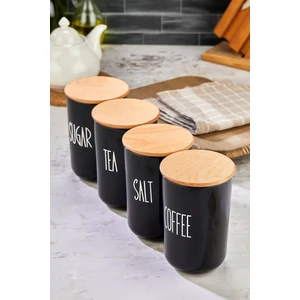4'lü Ahşap Vakum Kapaklı Transfer Etiketli Akrilik (Plastik)Tea/sugar/coffe/salt Kavanoz 900ML