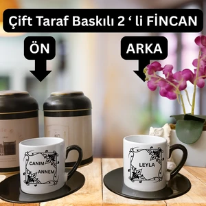 Vova Baskı Anneye Özel Canım Annem Temalı Çift Taraf Baskılı 2'li Siyah Kulplu Porselen Türk Kahvesi Fincanlar