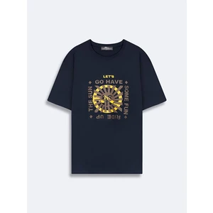 Erkek Basıc Baskılı Sıfır Yaka Loose Lacivert T-shırt