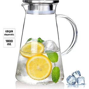 Borosilikat Cam Sürahi 1800ML Isıya Dayanıklı Karaf, Metal Kapaklı Cam Kulplu Meşrubat Su Sürahisi