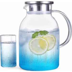 Borosilikat Cam Sürahi 1800ML Isıya Dayanıklı Metal Kapaklı Bitki Çayı Demliği Meşrubat Su Sürahisi