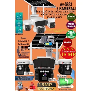 AV-S833 Solar 15MP 3 Lensli Kamera | 4g Sım | Güneş Panelli | Güçlü Batarya | 3 Pır Sensör