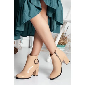 Dilimler Ayakkabı Fermuarlı Kırışık Rugan Nude Kadın Topuklu Bot