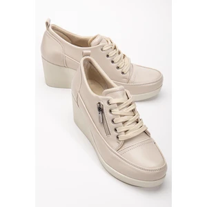 Kadın Dolgu Topuklu Ayakkabı Bej Rugan Fermuarlı Bağcıklı