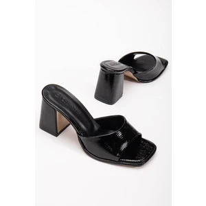 Dilimler Ayakkabı Büyük Beden Kadın Topuklu Terlik Sİyah Rugan İnce Bantlı