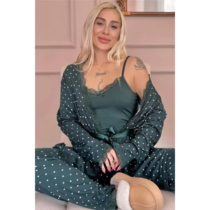 Zümrüt Mini Puan Desenli Bambu Sabahlıklı Kadın Pijama Takımı