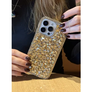 Paladyum Case Apple iPhone 15 Pro Max Uyumlu Lüks Gold Kristal Taşlı Kılıf