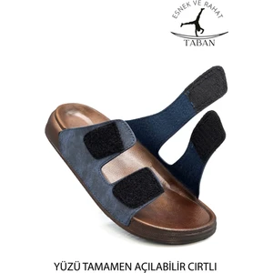 Çift Toka Ayarlanabilir Genişlik Esnek Rahat Deri Erkek Terlik 25103 C Lacivert