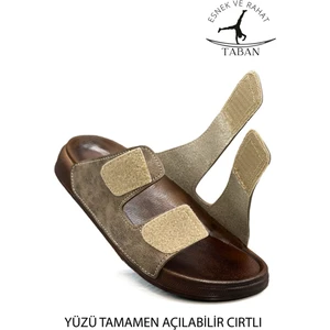 Çift Toka Ayarlanabilir Genişlik Esnek Rahat Deri Erkek Terlik 25103 C Vizon
