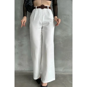 Beli Kemerli Keten Kadın Beyaz Pantolon