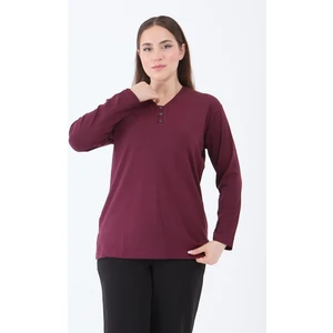 Kadın Orta Yaş ve Üzeri V Yaka Likralı Vişne Rengi Anne Penye Bluz