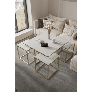 Home Plus Mobilya 5'li Orta Sehpa Gold Ayak Beyaz 10 mm Glossmax MDF Membran 