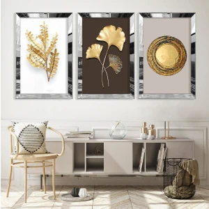 Gümüş Aynalı Pleksi Çerçeveli Çiçek Üçlü Mdf Tablo Seti