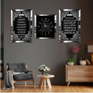 Ayetel Kürsi Fatiha Süresi ve Esmaül Hüsna Pleksi Kenar Üçlü Mdf Tablo Seti ve Saat Seti