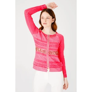 Desen Triko Kadın Sıfır Yaka Uzun Kol Fermuarlı Derili Penye Ceket Fuşya