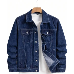 Erkek Jean Denim Standart Kalıp Cepli Düğmeli Kot Ceket