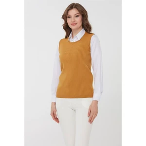 Desen Triko Kadın Triko Kolsuz Bluz Hardal