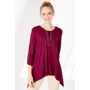 Desen Triko Kadın Sıfır Yaka Uzun Kol Eteği Asimetrik Penye Tunik Mürdüm