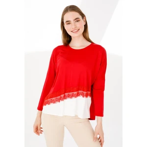 Desen Triko Kadın Sıfır Yaka Uzun Kol Eteği Dantel Parçalı Penye Tunik Kırmızı