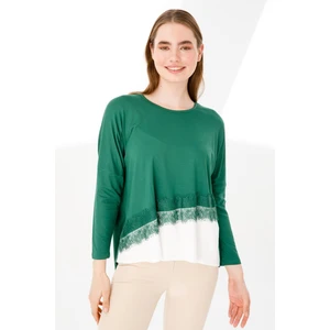 Desen Triko Kadın Sıfır Yaka Uzun Kol Eteği Dantel Parçalı Penye Tunik Nefti