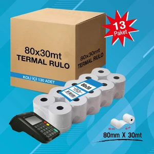 Yazar Kasa Termal Pos Rulosu  80MM x 30MT 13 Paket 130 Adet