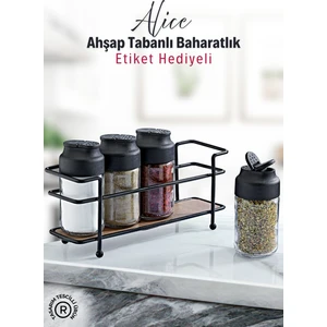 Alice Ahşap Tabanlı Metal Standlı 4'lü Çift Kapaklı Cam Baharatlık Seti - Tuzluk Biberlik 