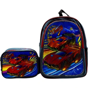 2 Bölmeli Yarış Arabası Okul Sırt Çantası ve Beslenme Çantası Gri KOD:1309