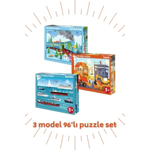 96 Parça Puzzle 3'lü Set 96 Parça Gemiler - 96 Parça Çufçuf Tren – 96 Parça Inşaat