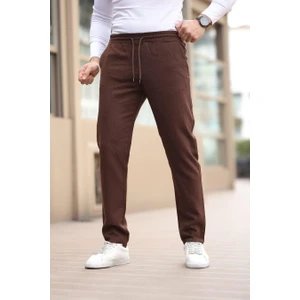 Düğmesiz Düz Kumaş Kahverengi Jogger Pantolon
