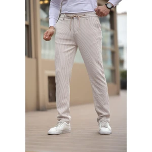 Ince Çizgili Kumaş Bej Jogger Pantolon