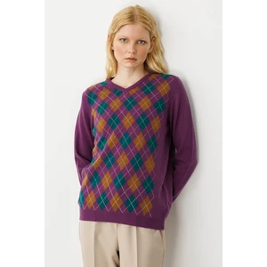 Kadın V Yaka Baklavalı Yün Kazak A.mor