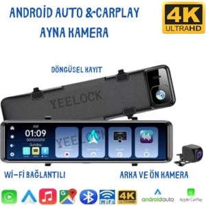 4K Araç Kamerası ve Android Multimedya 12'' Dikiz Aynası – Ön ve Arka Kamera, Geri Görüş Park Sensörü