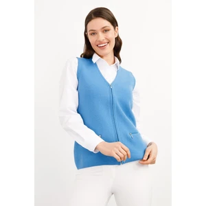 Desen Triko Kadın Çelik Örgü Cebi Fermuarlı Düz Triko Yelek B.mavi