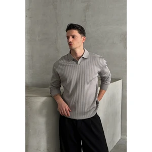 Erkek Polo Yaka Fitilli Oversize Triko Kazak