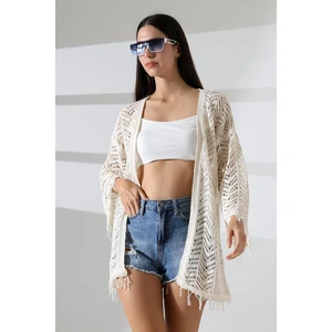 Kadın Krem Püsküllü Yazlık Ajurlu Triko Hırka