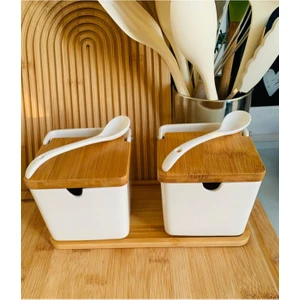 2'li Bambu Standlı Bambu Kapaklı Porselen Kaşıklı Tuzluk Biberlik 260 Ml(Gnl)