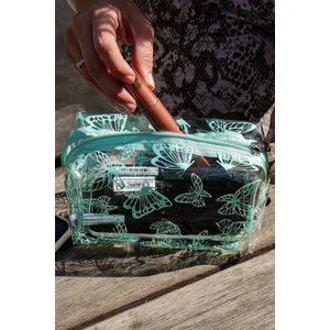 Mint Yeşili Kelebek Desenli Makyaj Çantası