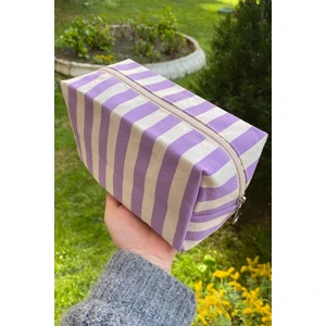 Mor Çizgili Kanvas Büyük Boy Makyaj Çantası