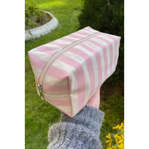 Pembe Çizgili Kanvas Büyük Boy Makyaj Çantası