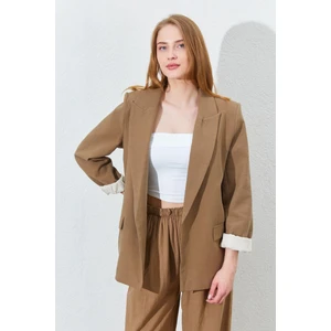 Kadın Kahve Kol Katlamalı Keten Blazer Ceket