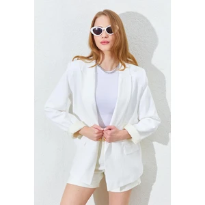 Kadın Ekru Kol Katlamalı Keten Blazer Ceket