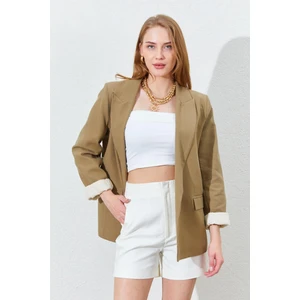 Kadın Haki Kol Katlamalı Keten Blazer Ceket
