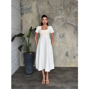 Kadın Midi Boy Keten Dantel Detaylı  Yarımkol Elbise