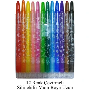 Çevirmeli 12 Li Mum Boya Uzun 1 Paket Mikro 12 Renk Çevirmeli Mum Boya Pastel Silinebilir Mum Boya Tam Boy