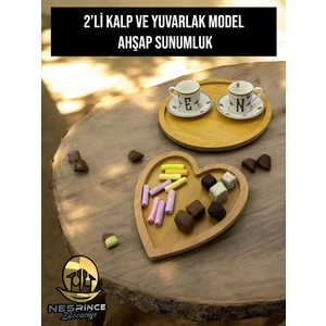 2'li Ahşap Kalp ve Yuvarlak Model Dekoratif Sunumluk Tepsi Seti (27X27)
