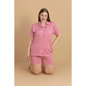 Büyük Beden Kalp Baskılı  Gömlek Yaka Şortlu Pijama Takımı